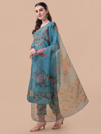 Hand Embroidered Kurta With Pant & Organza Printed Dupatta, Multicolor - Hiral Fashion - Distacart