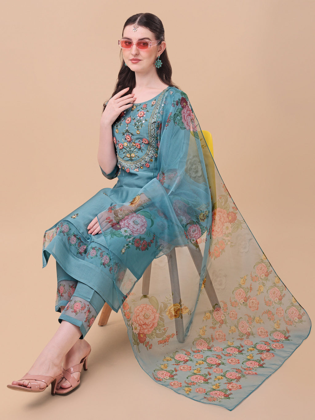Hand Embroidered Kurta With Pant & Organza Printed Dupatta, Multicolor - Hiral Fashion - Distacart