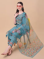 Hand Embroidered Kurta With Pant & Organza Printed Dupatta, Multicolor - Hiral Fashion - Distacart