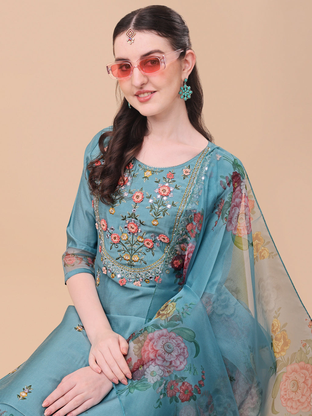 Hand Embroidered Kurta With Pant & Organza Printed Dupatta, Multicolor - Hiral Fashion - Distacart