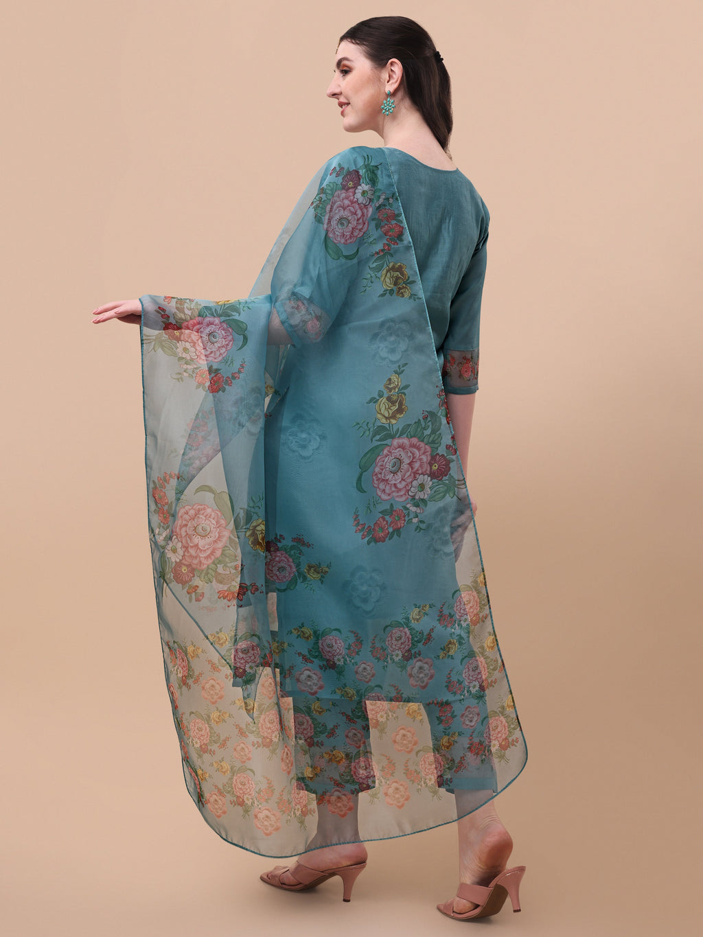 Hand Embroidered Kurta With Pant & Organza Printed Dupatta, Multicolor - Hiral Fashion - Distacart