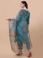 Hand Embroidered Kurta With Pant & Organza Printed Dupatta, Multicolor - Hiral Fashion - Distacart