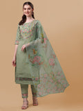 Hand Embroidered Kurta With Pant & Organza Printed Dupatta, Multicolor - Hiral Fashion - Distacart