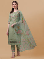 Hand Embroidered Kurta With Pant & Organza Printed Dupatta, Multicolor - Hiral Fashion - Distacart