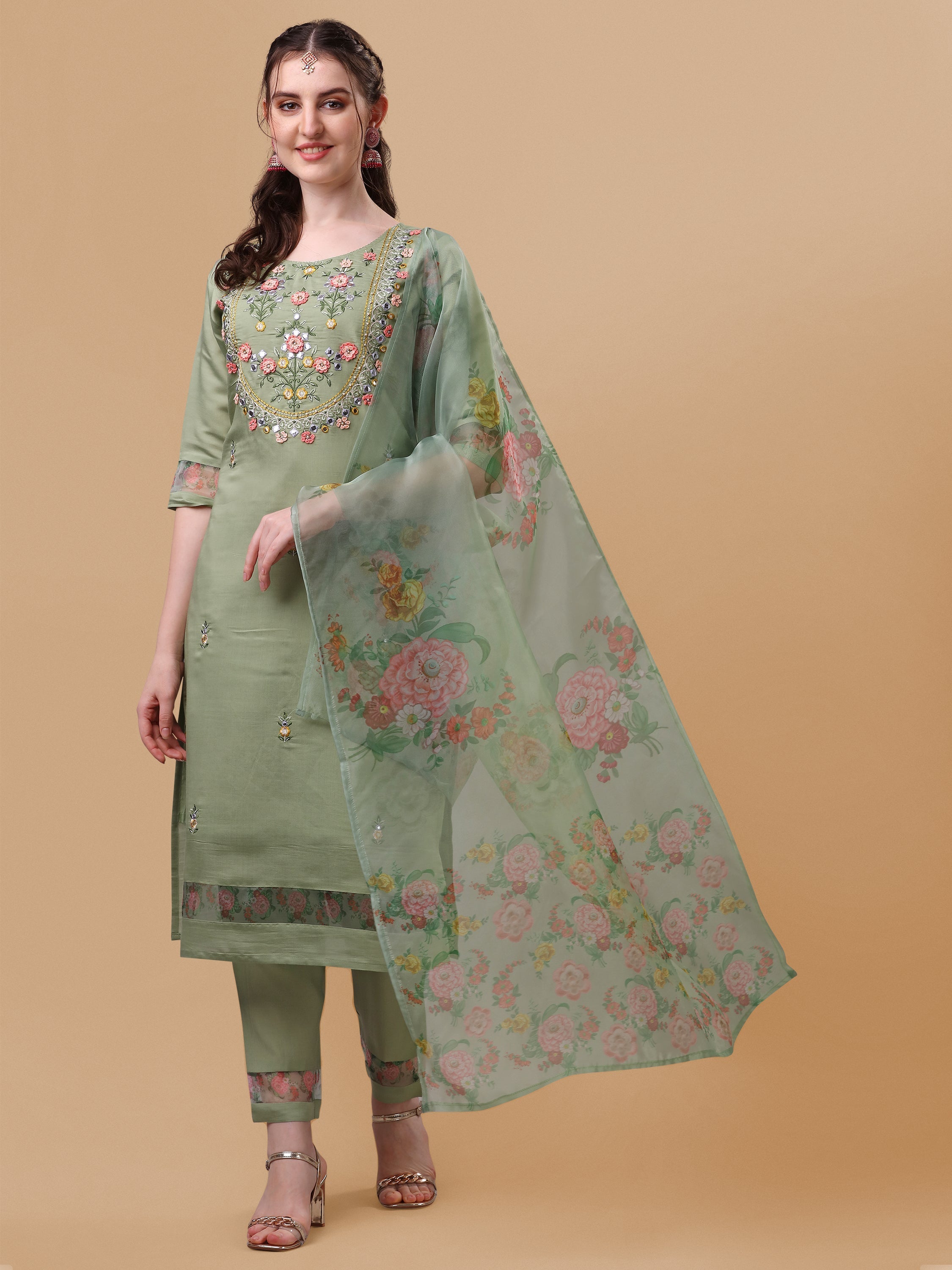 Hand Embroidered Kurta With Pant & Organza Printed Dupatta, Multicolor - Hiral Fashion - Distacart