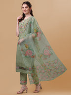 Hand Embroidered Kurta With Pant & Organza Printed Dupatta, Multicolor - Hiral Fashion - Distacart
