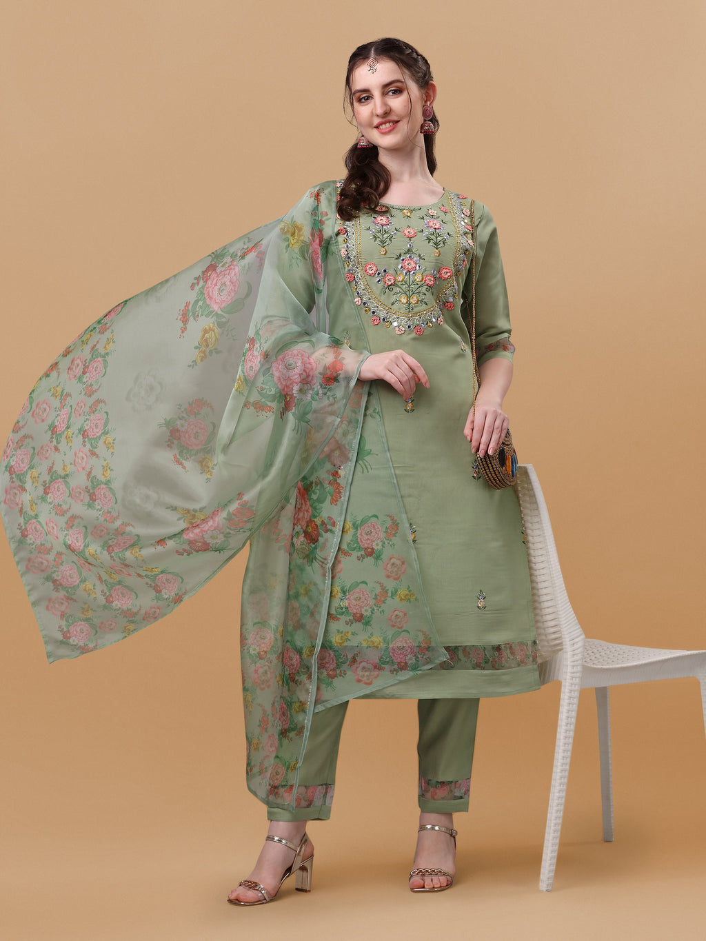 Hand Embroidered Kurta With Pant & Organza Printed Dupatta, Multicolor - Hiral Fashion - Distacart