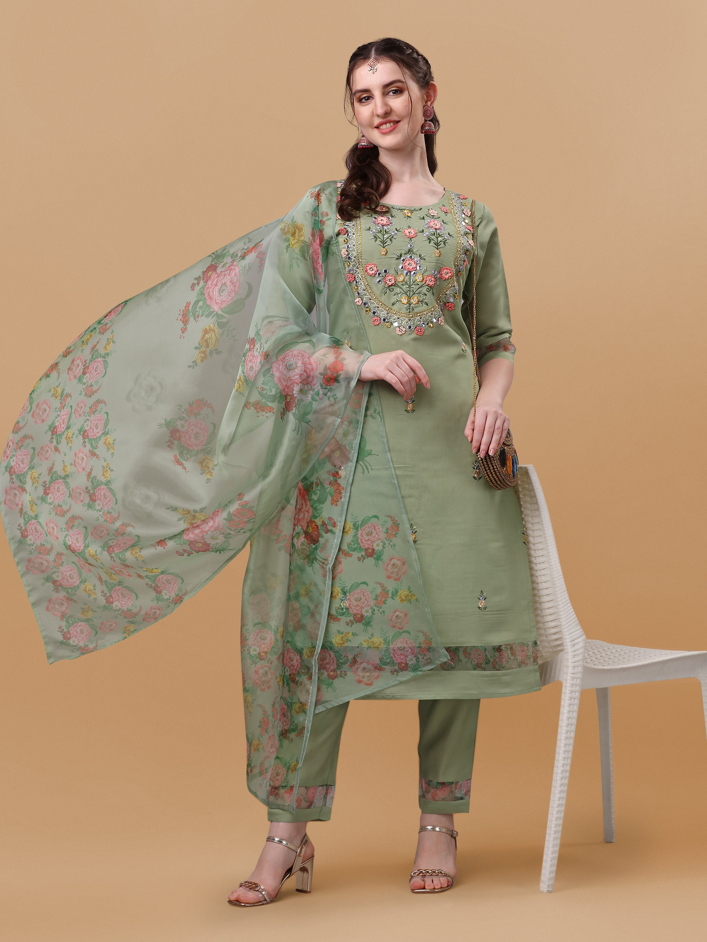 Hand Embroidered Kurta With Pant & Organza Printed Dupatta, Multicolor - Hiral Fashion - Distacart