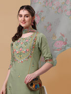 Hand Embroidered Kurta With Pant & Organza Printed Dupatta, Multicolor - Hiral Fashion - Distacart