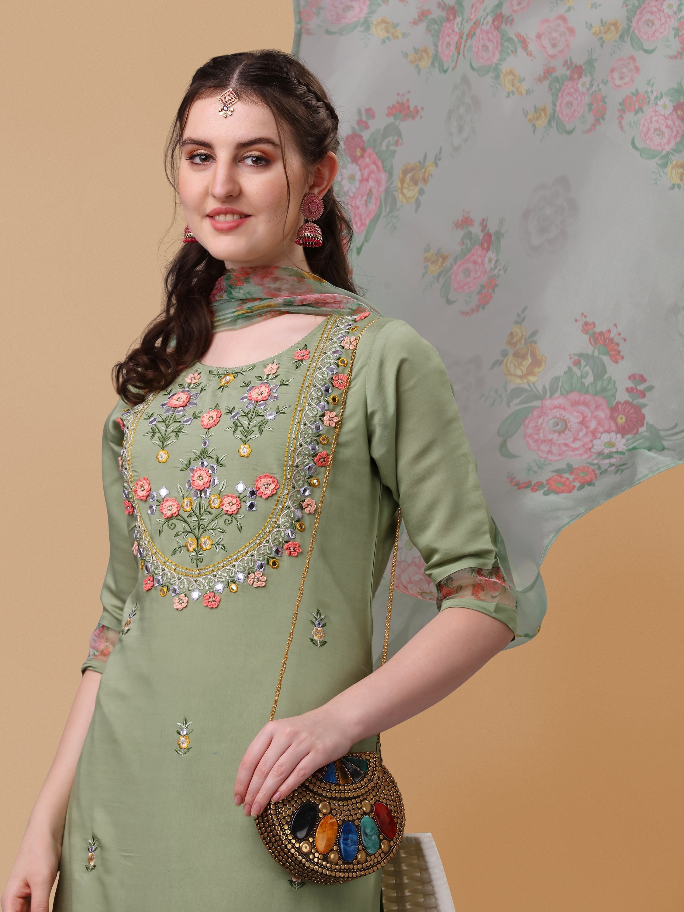 Hand Embroidered Kurta With Pant & Organza Printed Dupatta, Multicolor - Hiral Fashion - Distacart
