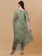 Hand Embroidered Kurta With Pant & Organza Printed Dupatta, Multicolor - Hiral Fashion - Distacart
