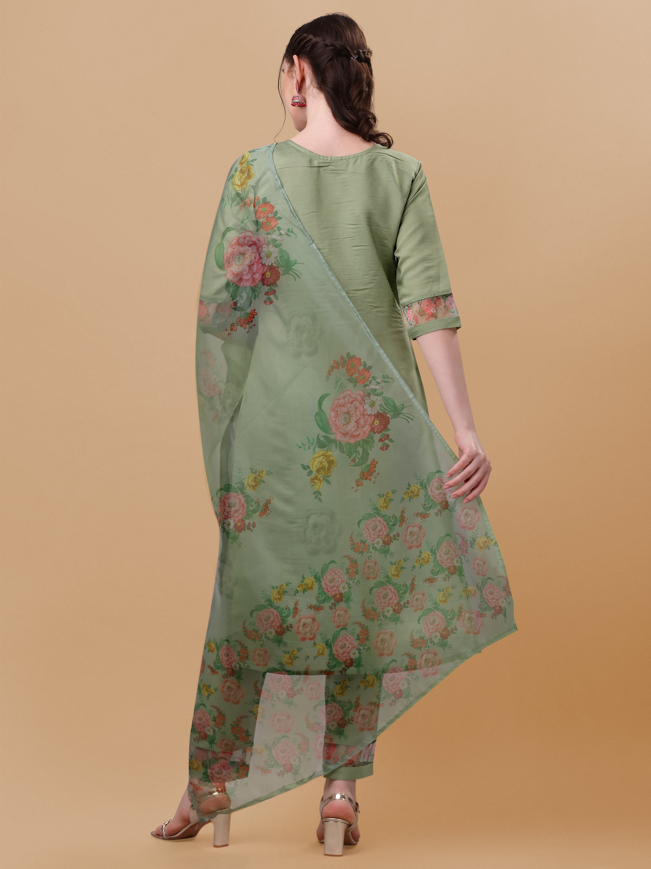Hand Embroidered Kurta With Pant & Organza Printed Dupatta, Multicolor - Hiral Fashion - Distacart