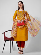 Hand Embroidered Kurta With Pant And Organza Dupatta Set, Multicolor - Hiral Fashion - Distacart