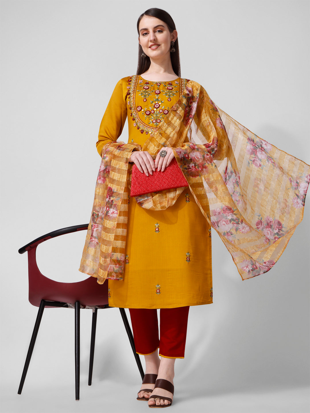 Hand Embroidered Kurta With Pant And Organza Dupatta Set, Multicolor - Hiral Fashion - Distacart