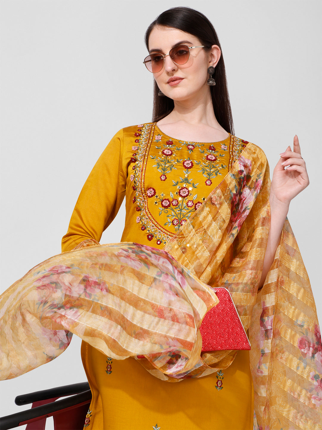 Hand Embroidered Kurta With Pant And Organza Dupatta Set, Multicolor - Hiral Fashion - Distacart