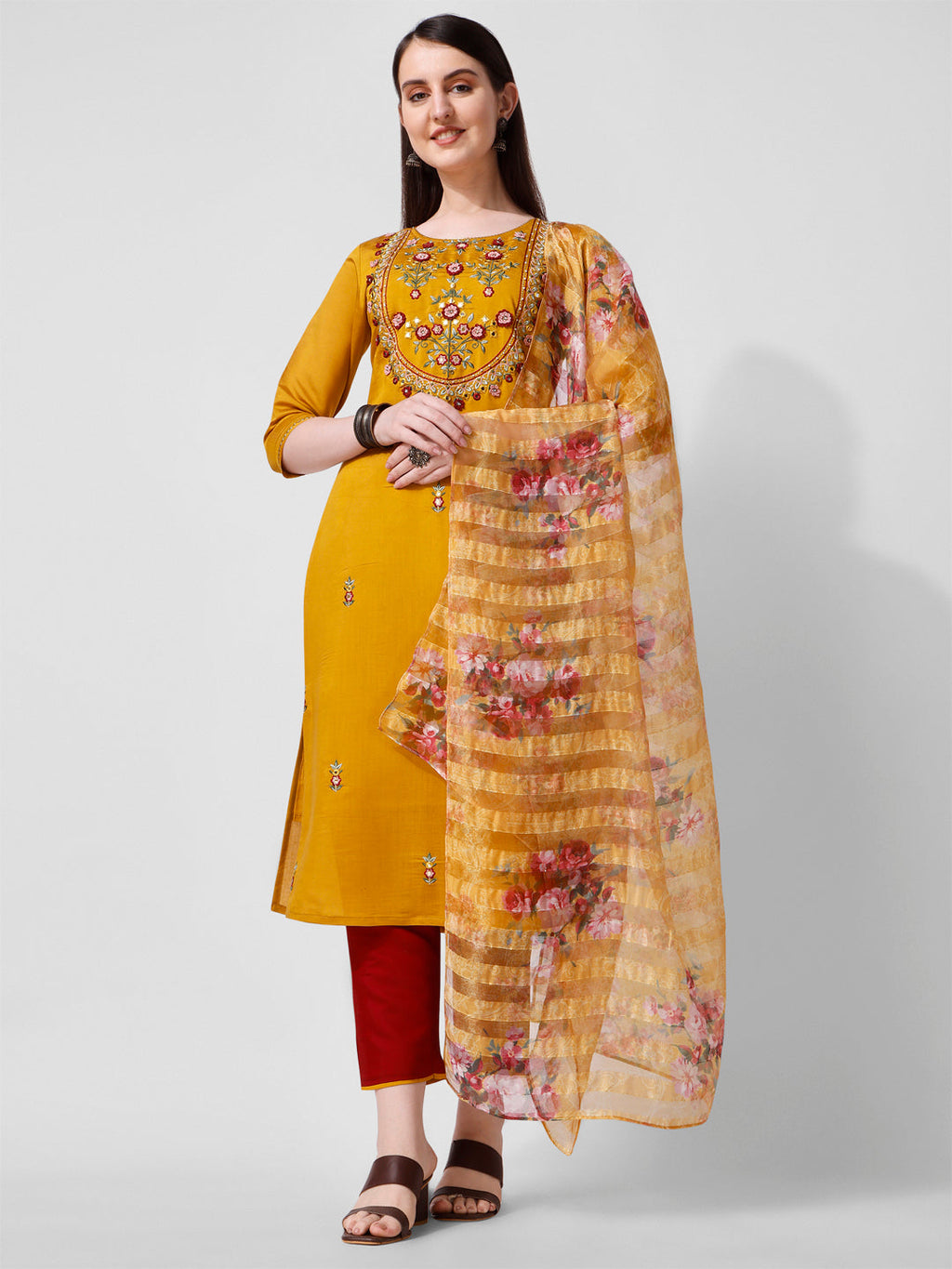 Hand Embroidered Kurta With Pant And Organza Dupatta Set, Multicolor - Hiral Fashion - Distacart
