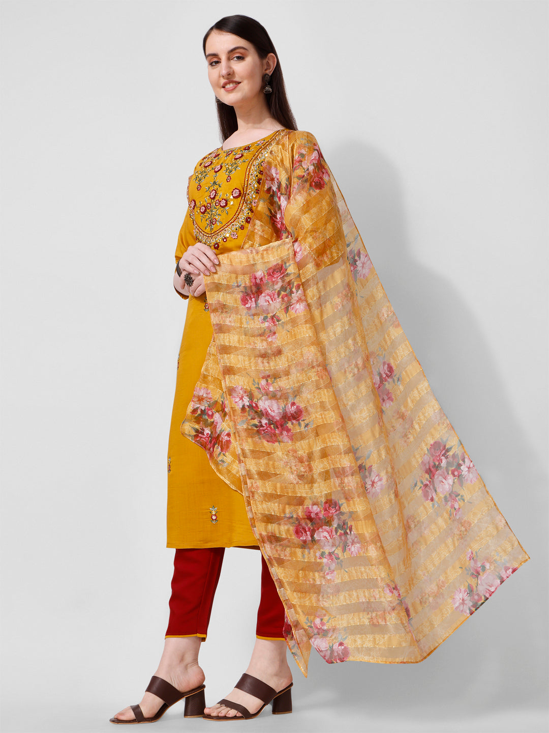 Hand Embroidered Kurta With Pant And Organza Dupatta Set, Multicolor - Hiral Fashion - Distacart
