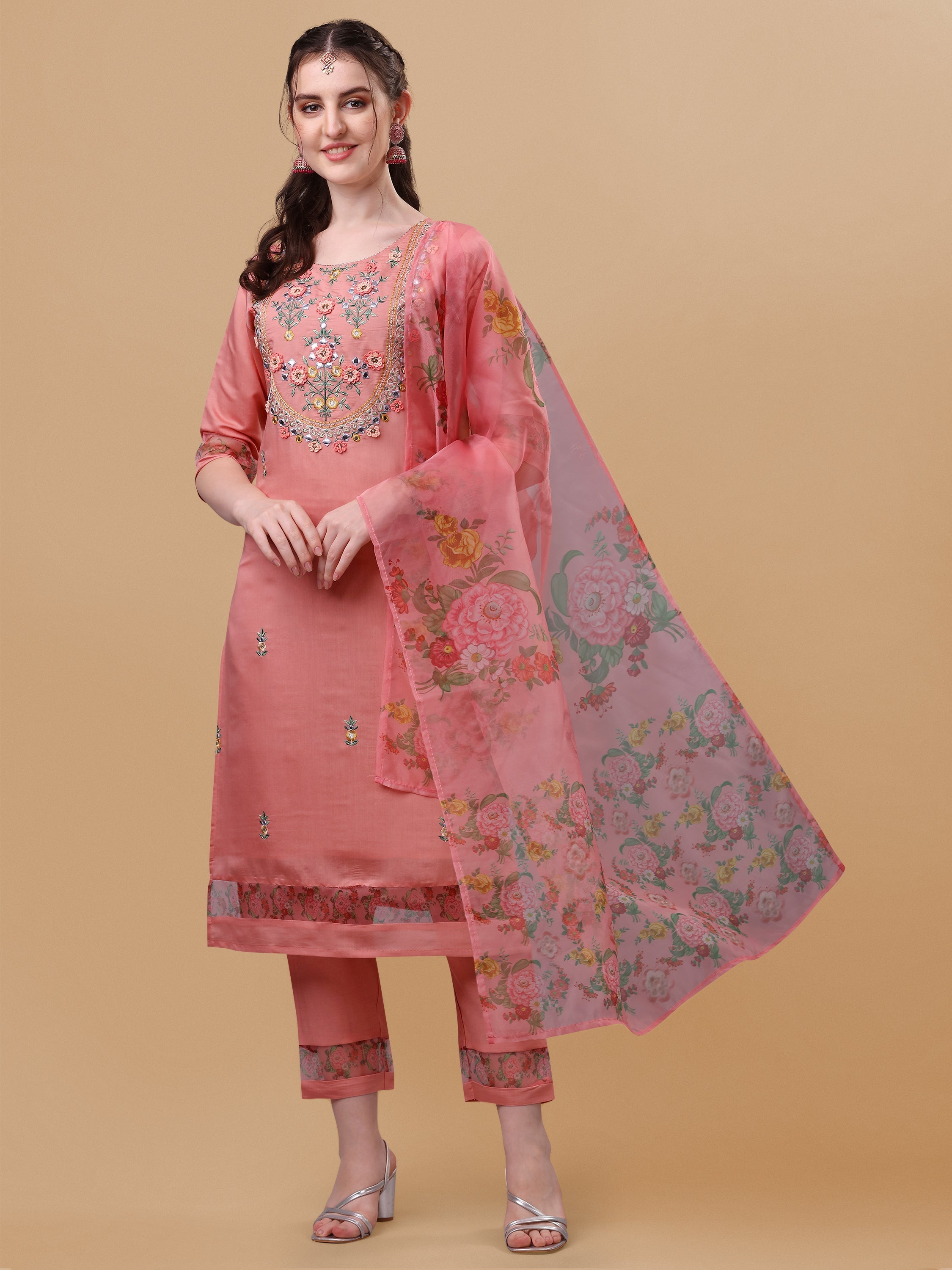 Embroidered Kurta With Pant & Dupatta Set, Multicolor - Hiral Fashion - Distacart