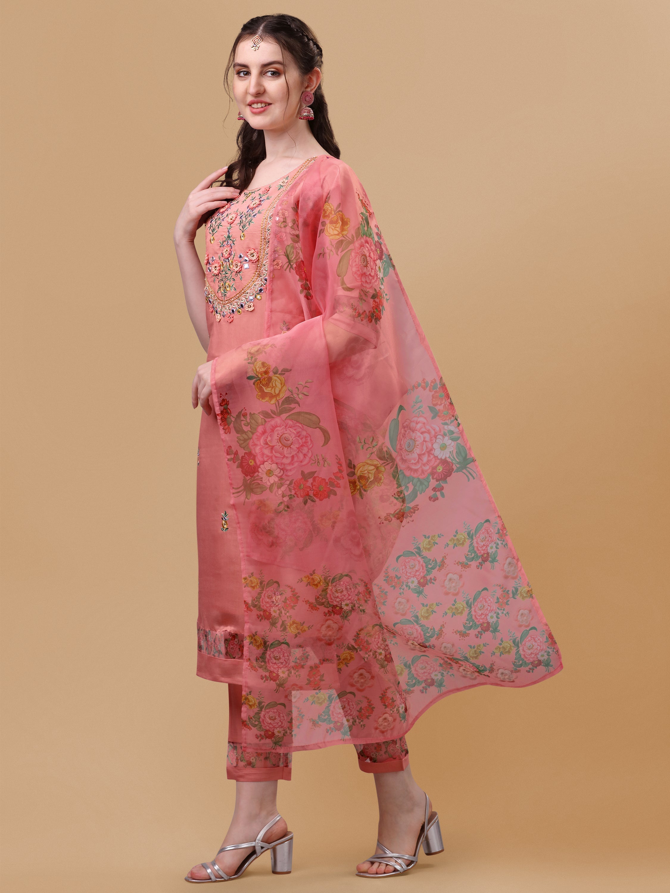 Embroidered Kurta With Pant & Dupatta Set, Multicolor - Hiral Fashion - Distacart