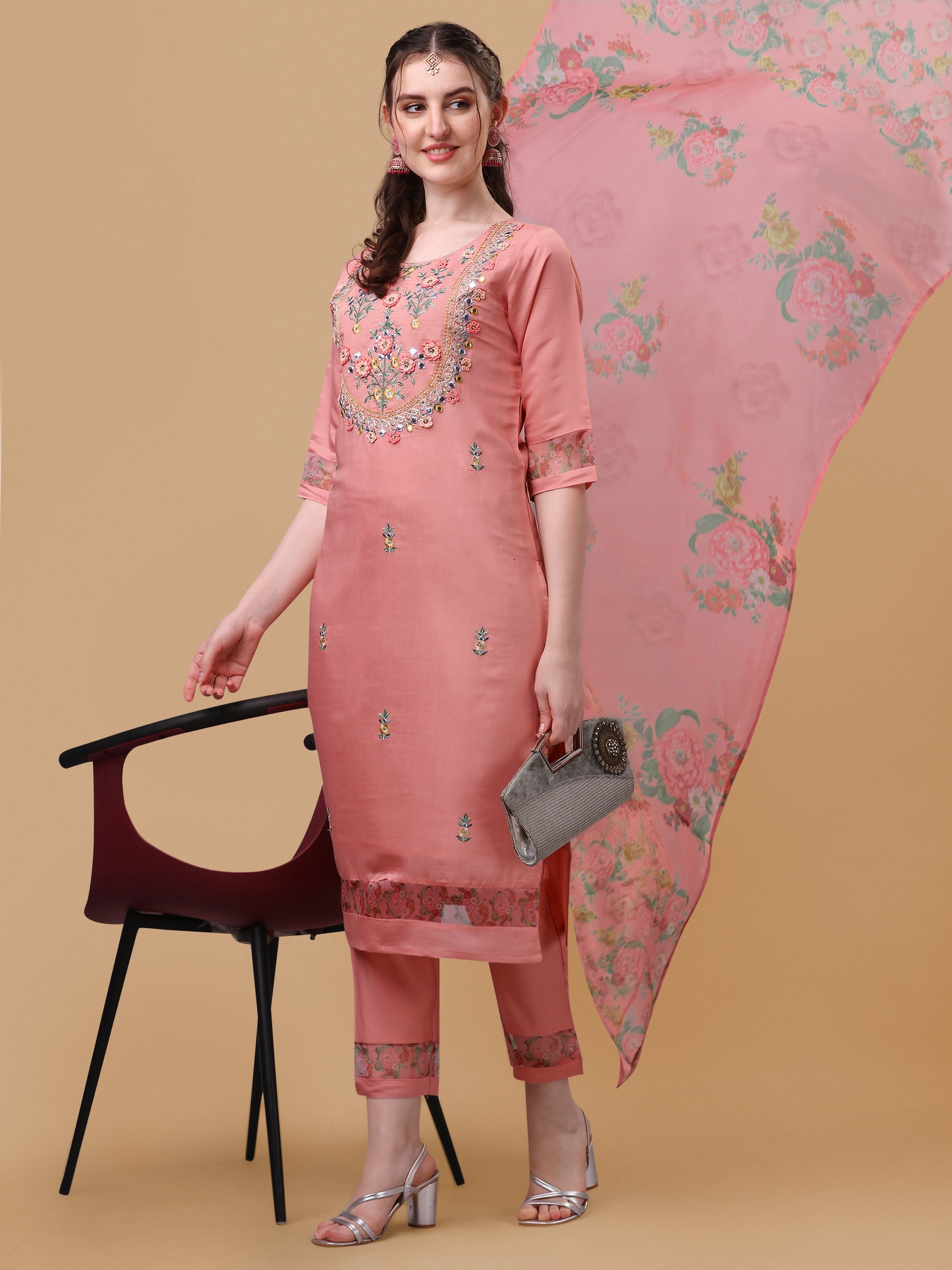 Embroidered Kurta With Pant & Dupatta Set, Multicolor - Hiral Fashion - Distacart