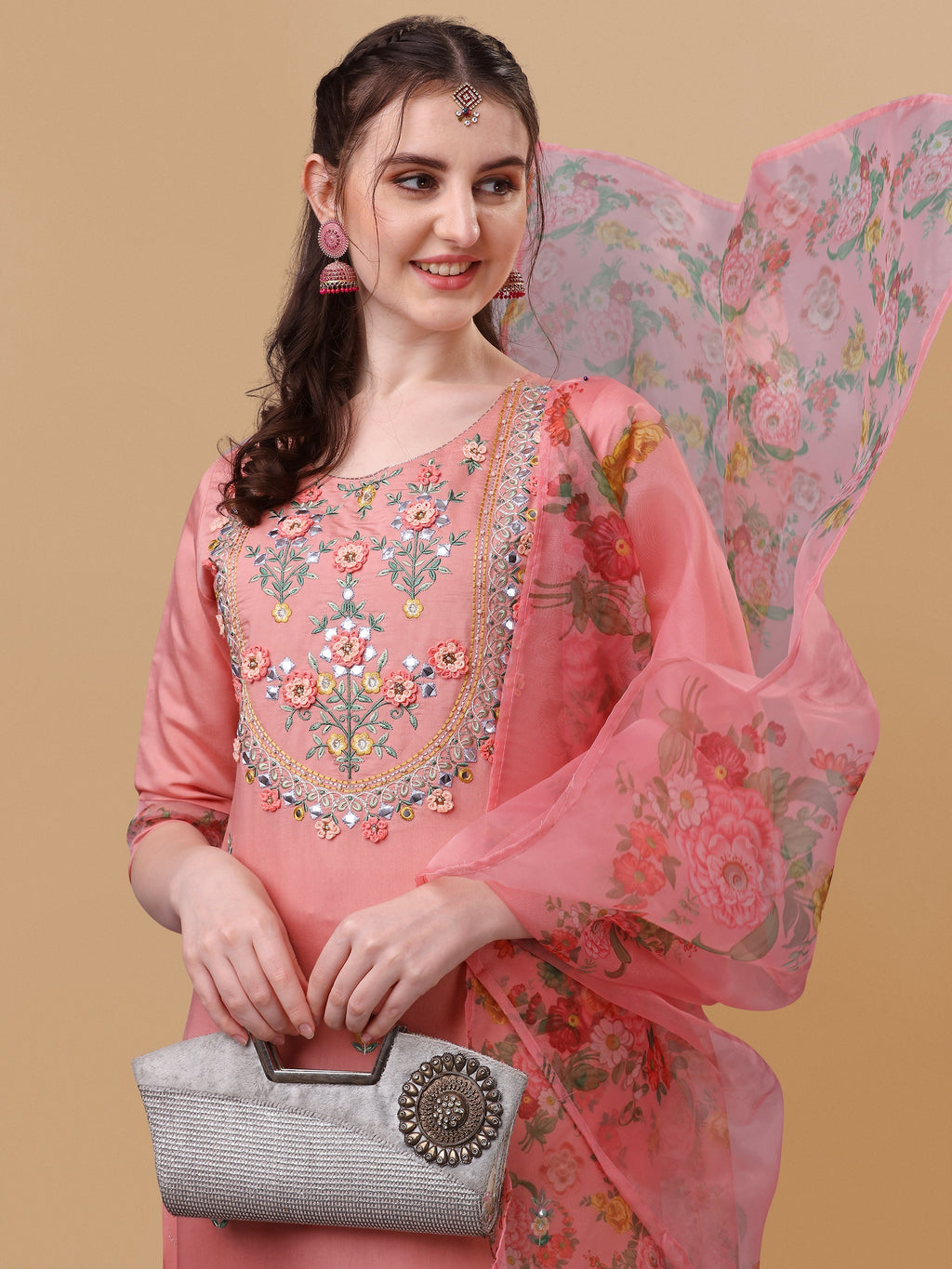 Embroidered Kurta With Pant & Dupatta Set, Multicolor - Hiral Fashion - Distacart