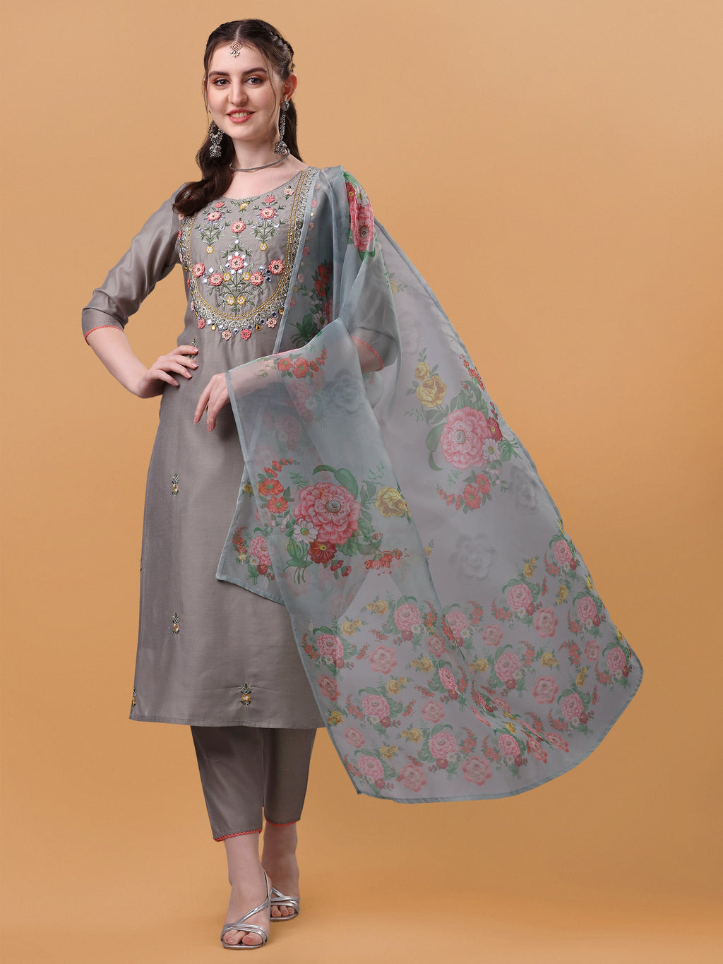 Hand Embroidered Kurta With Pant & Organza Printed Dupatta, Multicolor - Hiral Fashion - Distacart