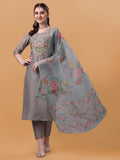 Hand Embroidered Kurta With Pant & Organza Printed Dupatta, Multicolor - Hiral Fashion - Distacart
