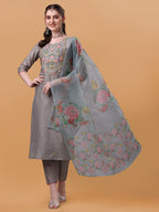 Hand Embroidered Kurta With Pant & Organza Printed Dupatta, Multicolor - Hiral Fashion - Distacart