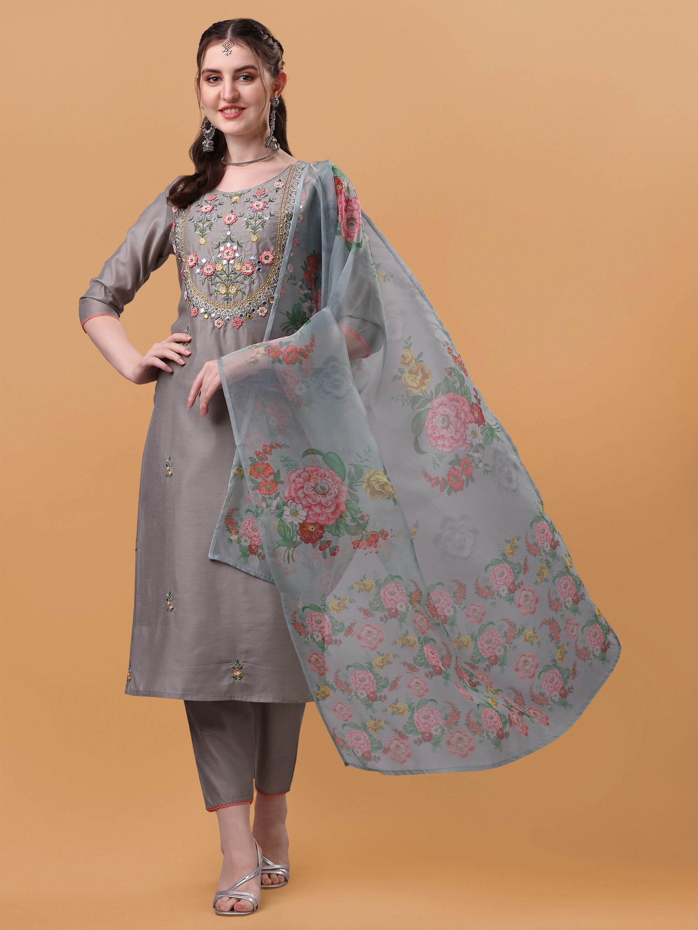 Hand Embroidered Kurta With Pant & Organza Printed Dupatta, Multicolor - Hiral Fashion - Distacart