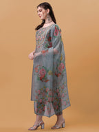 Hand Embroidered Kurta With Pant & Organza Printed Dupatta, Multicolor - Hiral Fashion - Distacart