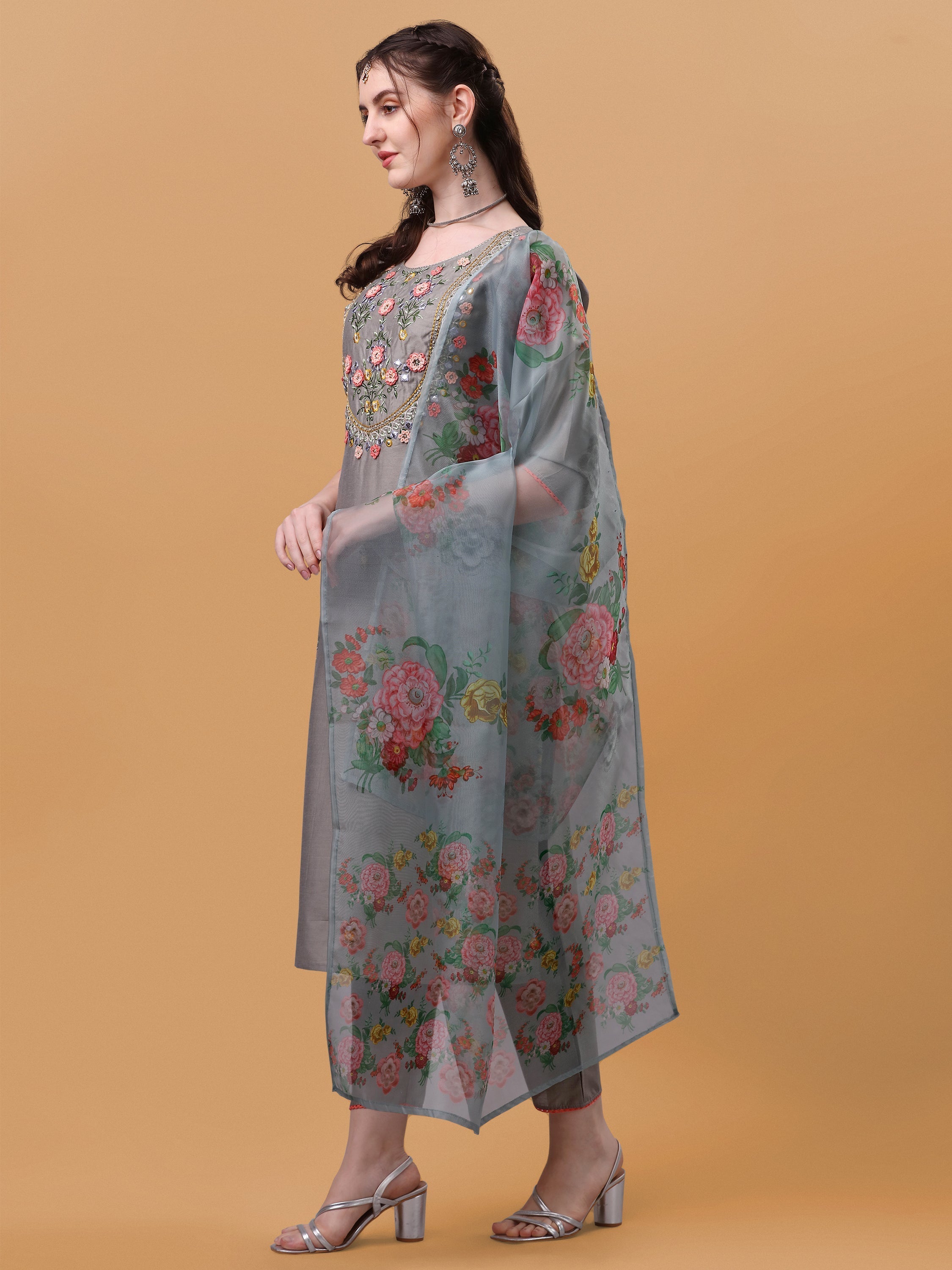 Hand Embroidered Kurta With Pant & Organza Printed Dupatta, Multicolor - Hiral Fashion - Distacart