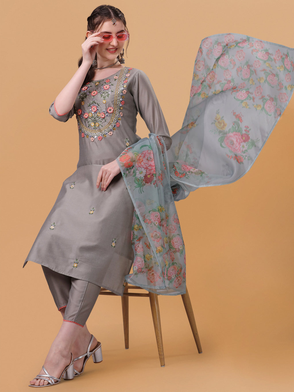 Hand Embroidered Kurta With Pant & Organza Printed Dupatta, Multicolor - Hiral Fashion - Distacart