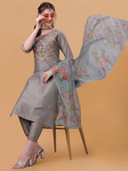 Hand Embroidered Kurta With Pant & Organza Printed Dupatta, Multicolor - Hiral Fashion - Distacart