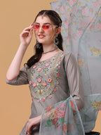 Hand Embroidered Kurta With Pant & Organza Printed Dupatta, Multicolor - Hiral Fashion - Distacart