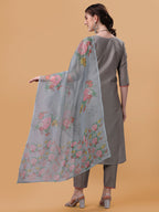 Hand Embroidered Kurta With Pant & Organza Printed Dupatta, Multicolor - Hiral Fashion - Distacart