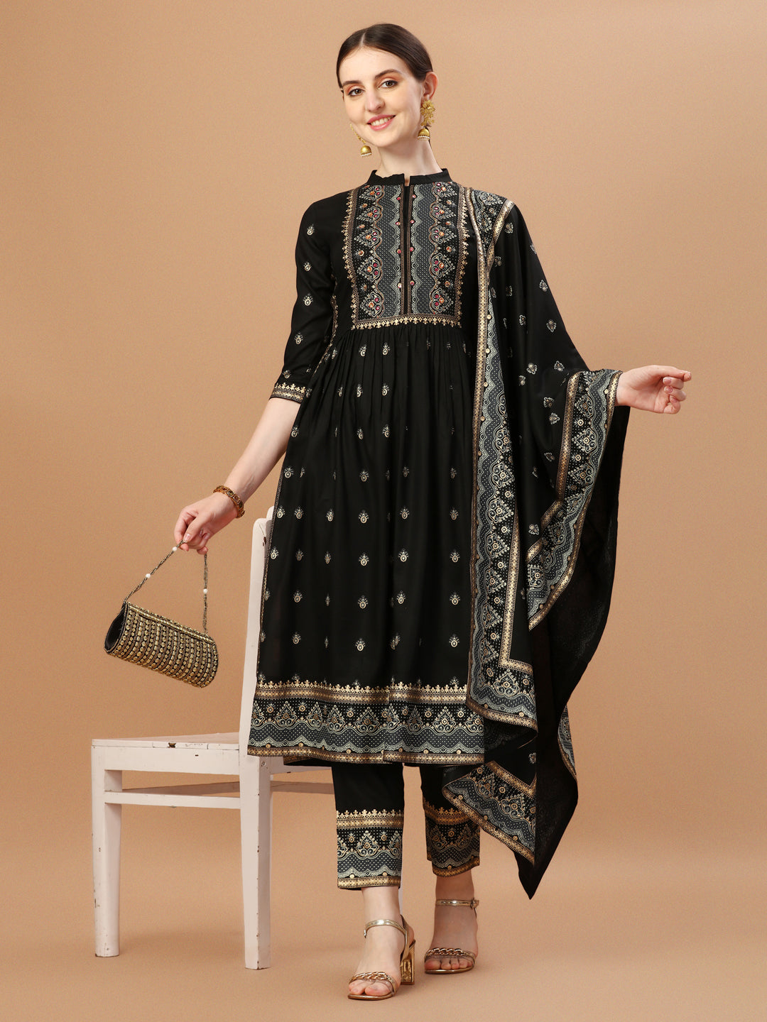 Nyra Cut Foil Printed & Hand Embroidered Kurta With Pant & Dupatta, Multicolor - Hiral Fashion - Distacart
