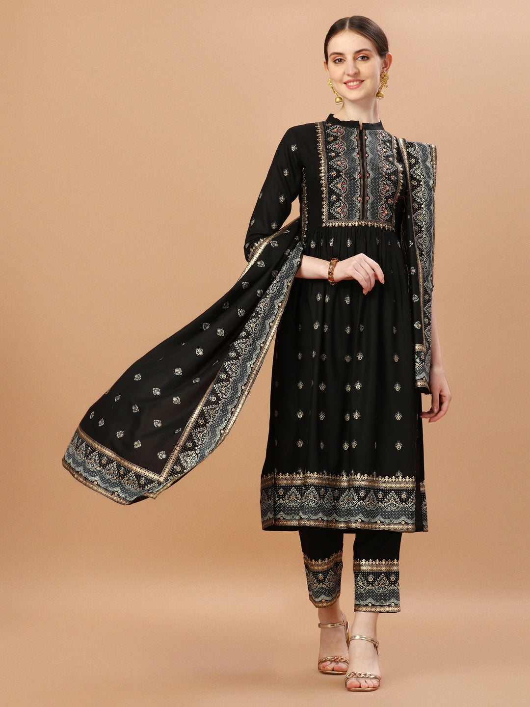 Nyra Cut Foil Printed & Hand Embroidered Kurta With Pant & Dupatta, Multicolor - Hiral Fashion - Distacart