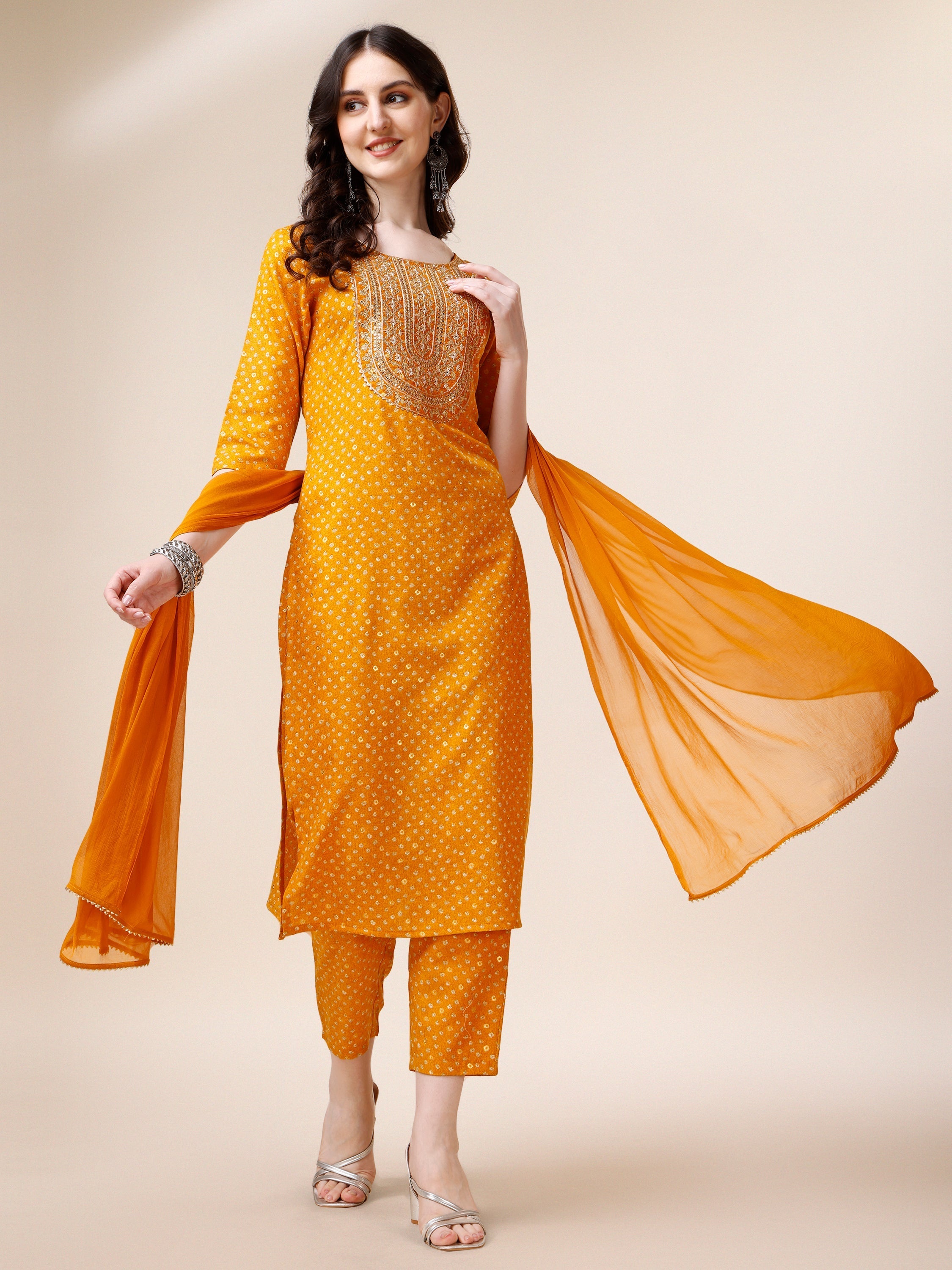 Embroidered Cotton Kurta With Pant And Dupatta Set, Multicolor - Hiral Fashion - Distacart