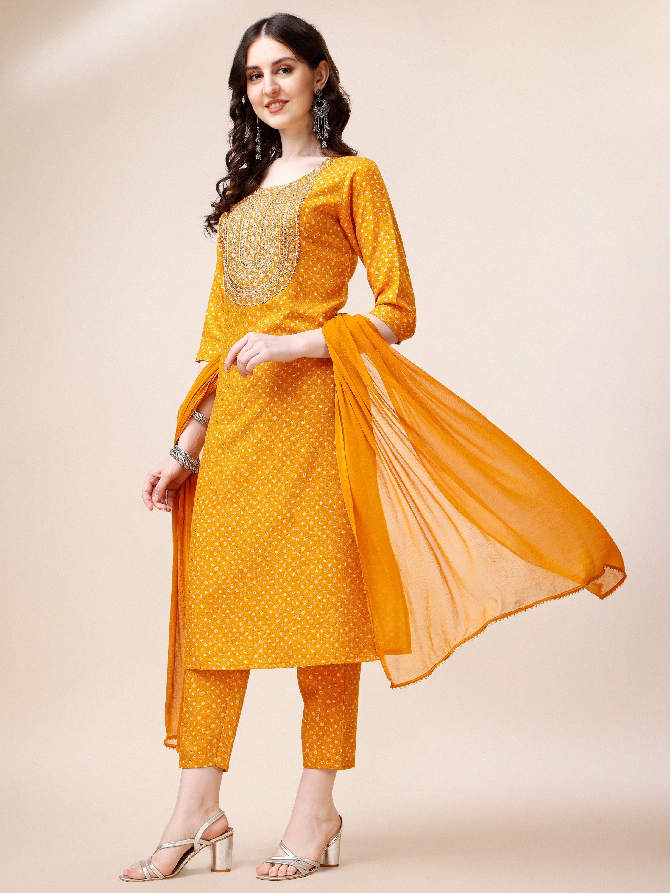 Embroidered Cotton Kurta With Pant And Dupatta Set, Multicolor - Hiral Fashion - Distacart