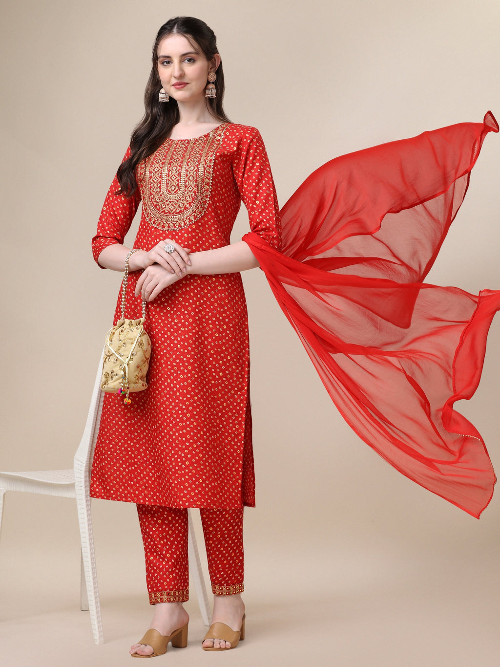 Embroidered Kurta With Pant And Dupatta Set, Multicolor - Hiral Fashion - Distacart