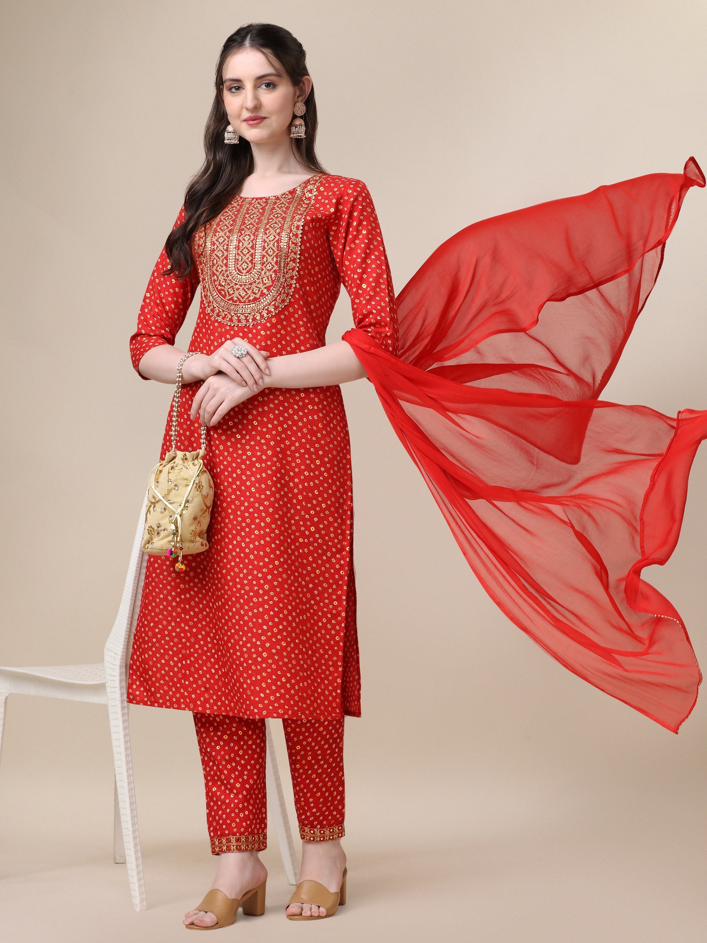 Embroidered Kurta With Pant And Dupatta Set, Multicolor - Hiral Fashion - Distacart