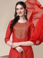 Embroidered Kurta With Pant And Dupatta Set, Multicolor - Hiral Fashion - Distacart