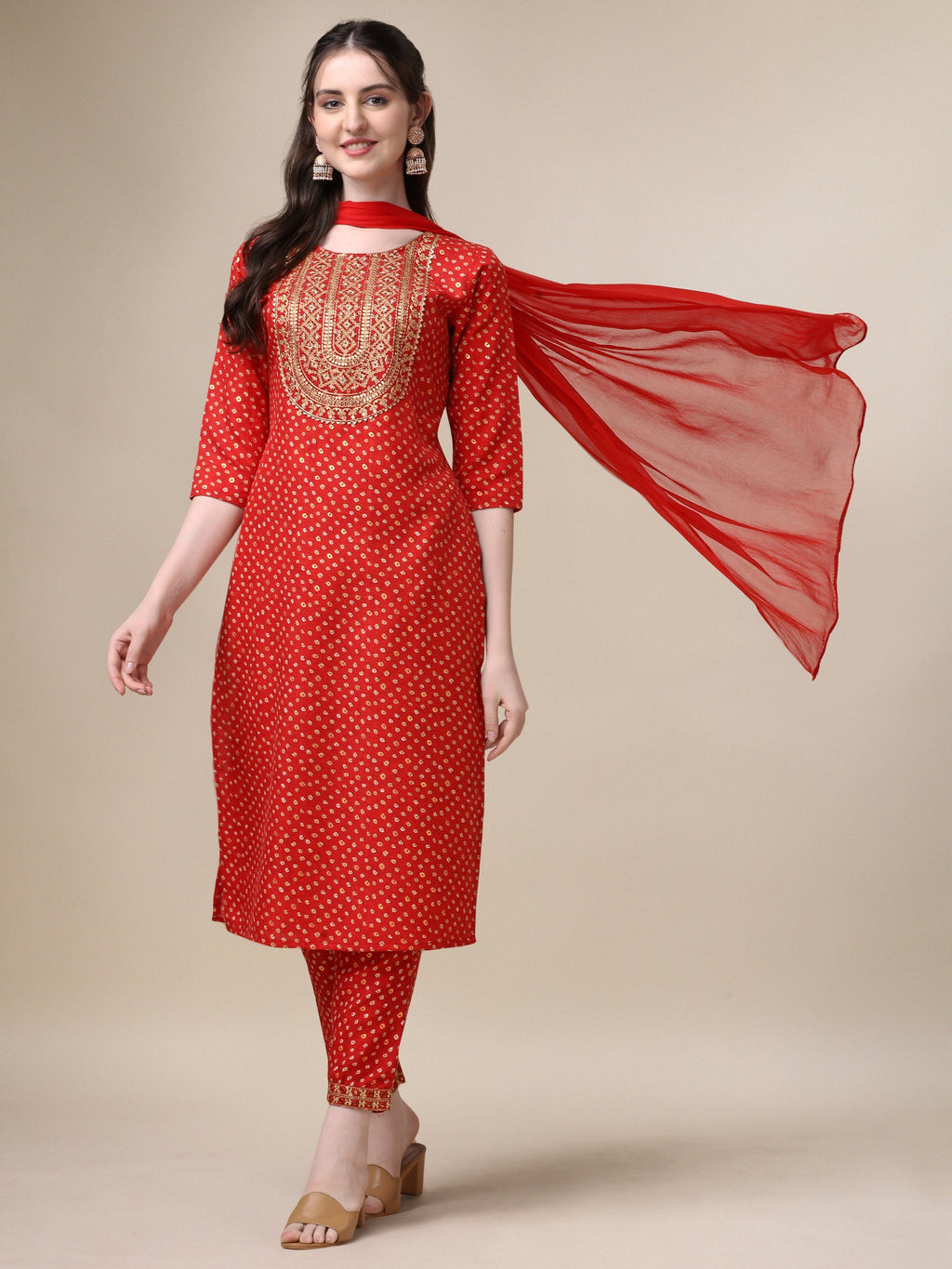 Embroidered Kurta With Pant And Dupatta Set, Multicolor - Hiral Fashion - Distacart