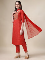 Embroidered Kurta With Pant And Dupatta Set, Multicolor - Hiral Fashion - Distacart