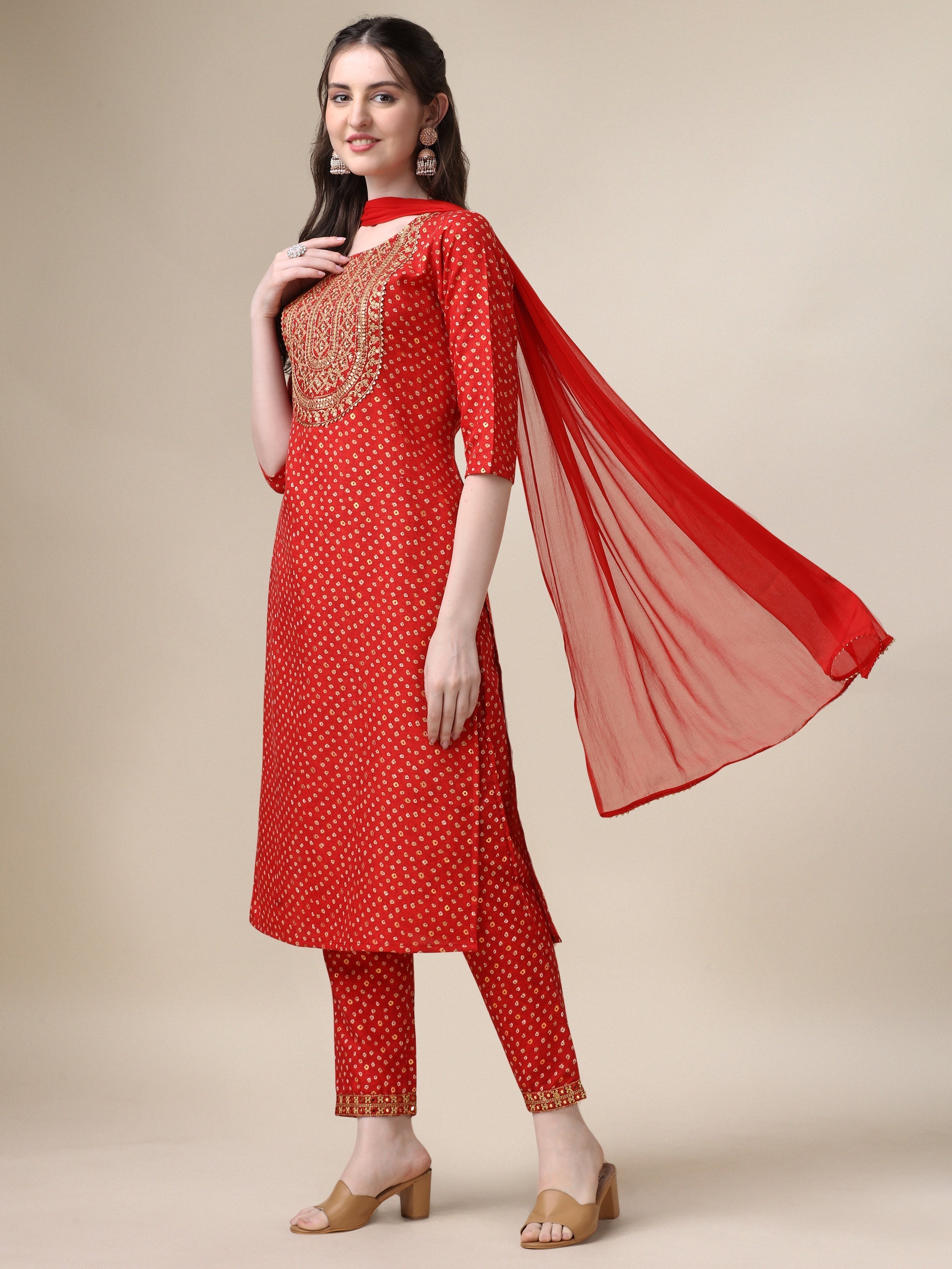 Embroidered Kurta With Pant And Dupatta Set, Multicolor - Hiral Fashion - Distacart