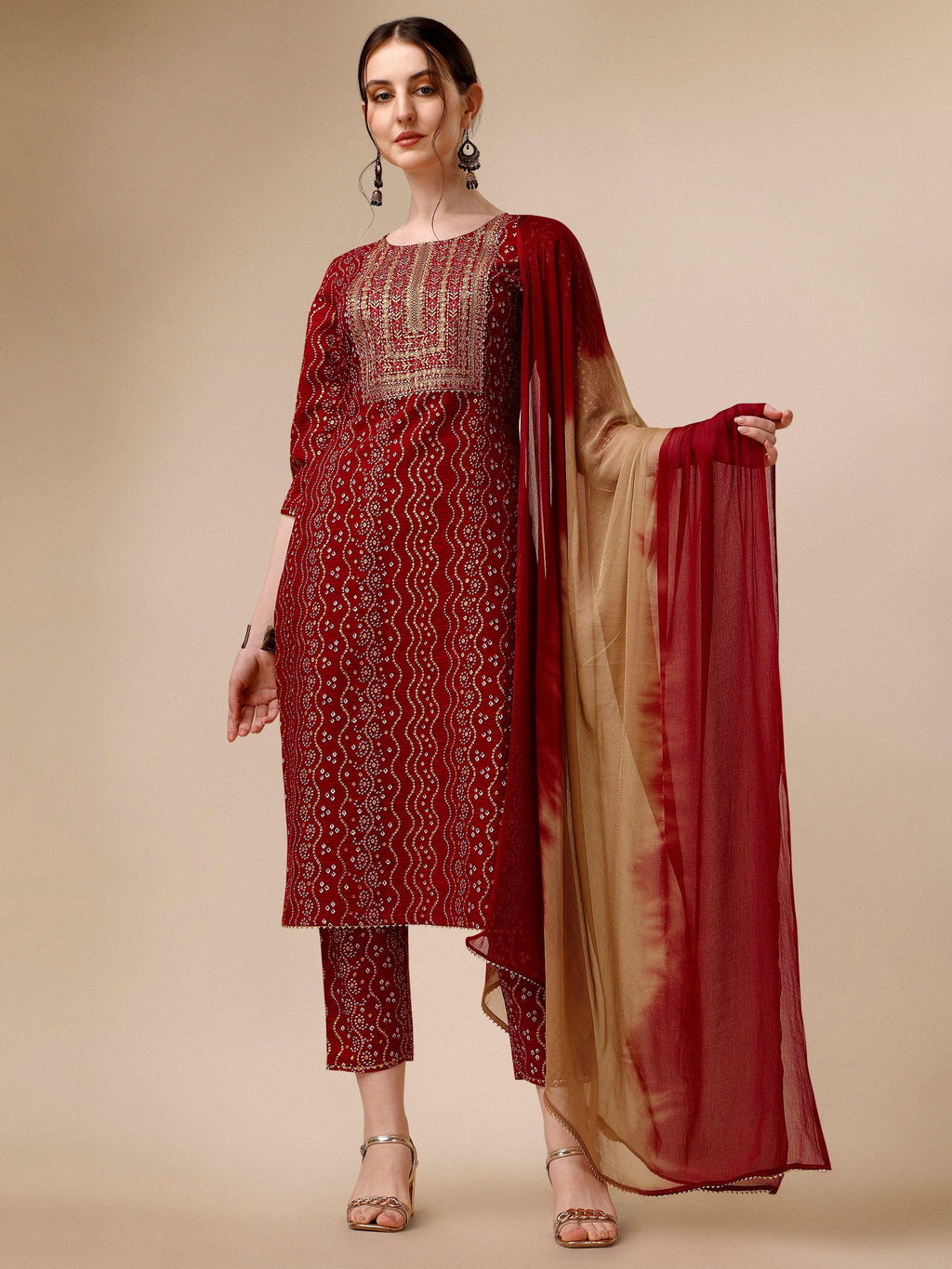 Bandhni Printed & Embroidered Kurta With Pant And Dupatta Set, Multicolor - Hiral Fashion - Distacart