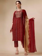 Bandhni Printed & Embroidered Kurta With Pant And Dupatta Set, Multicolor - Hiral Fashion - Distacart