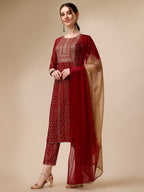 Bandhni Printed & Embroidered Kurta With Pant And Dupatta Set, Multicolor - Hiral Fashion - Distacart