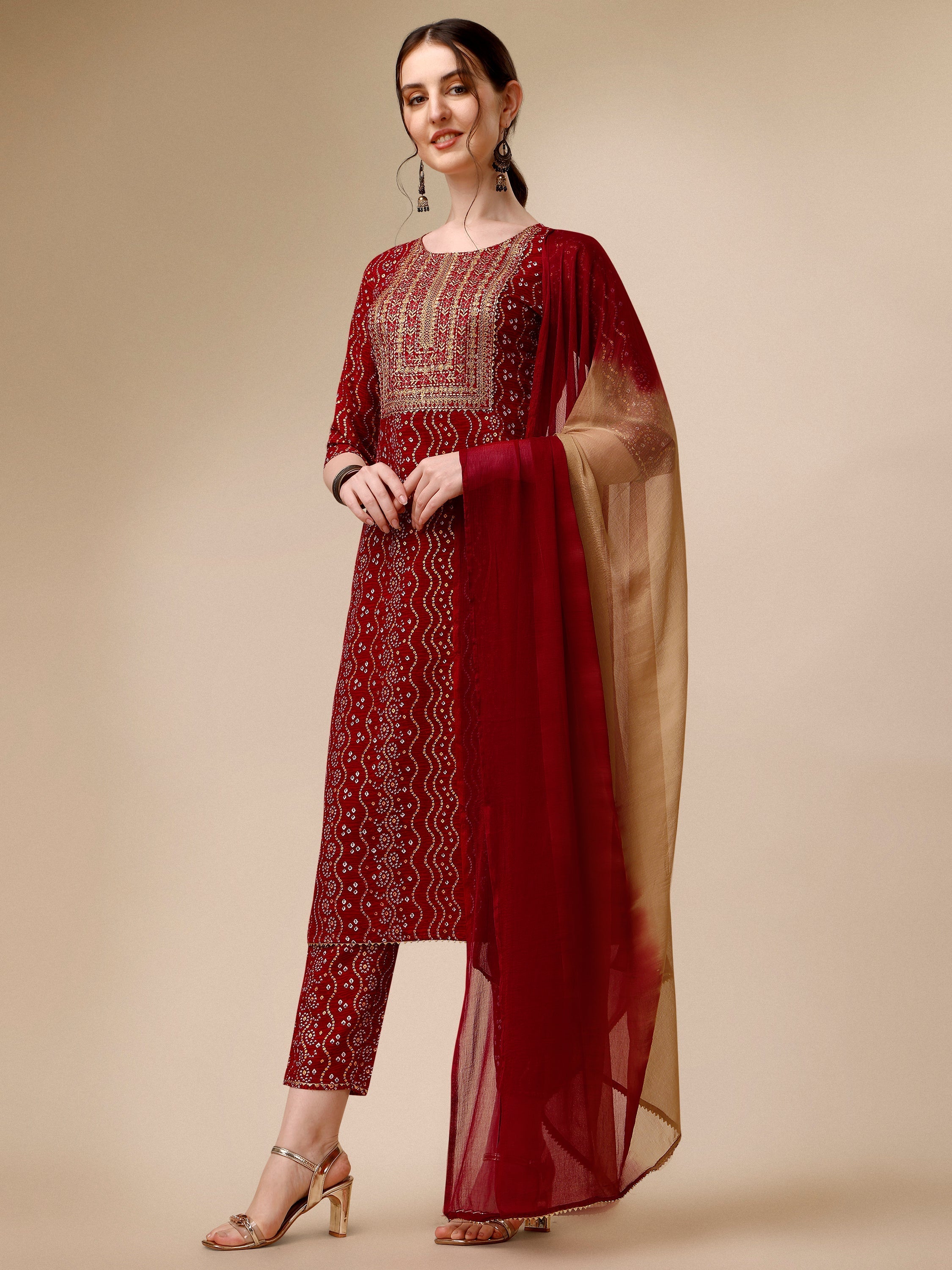 Bandhni Printed & Embroidered Kurta With Pant And Dupatta Set, Multicolor - Hiral Fashion - Distacart