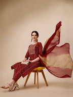 Bandhni Printed & Embroidered Kurta With Pant And Dupatta Set, Multicolor - Hiral Fashion - Distacart